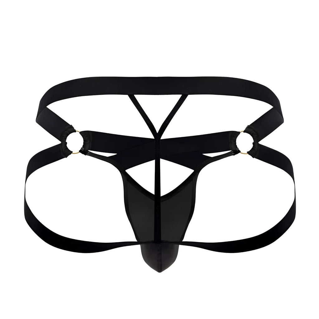 CandyMan 99761 jock g-string briefs in black satin with crisscross design and metallic grommets shown from the back side