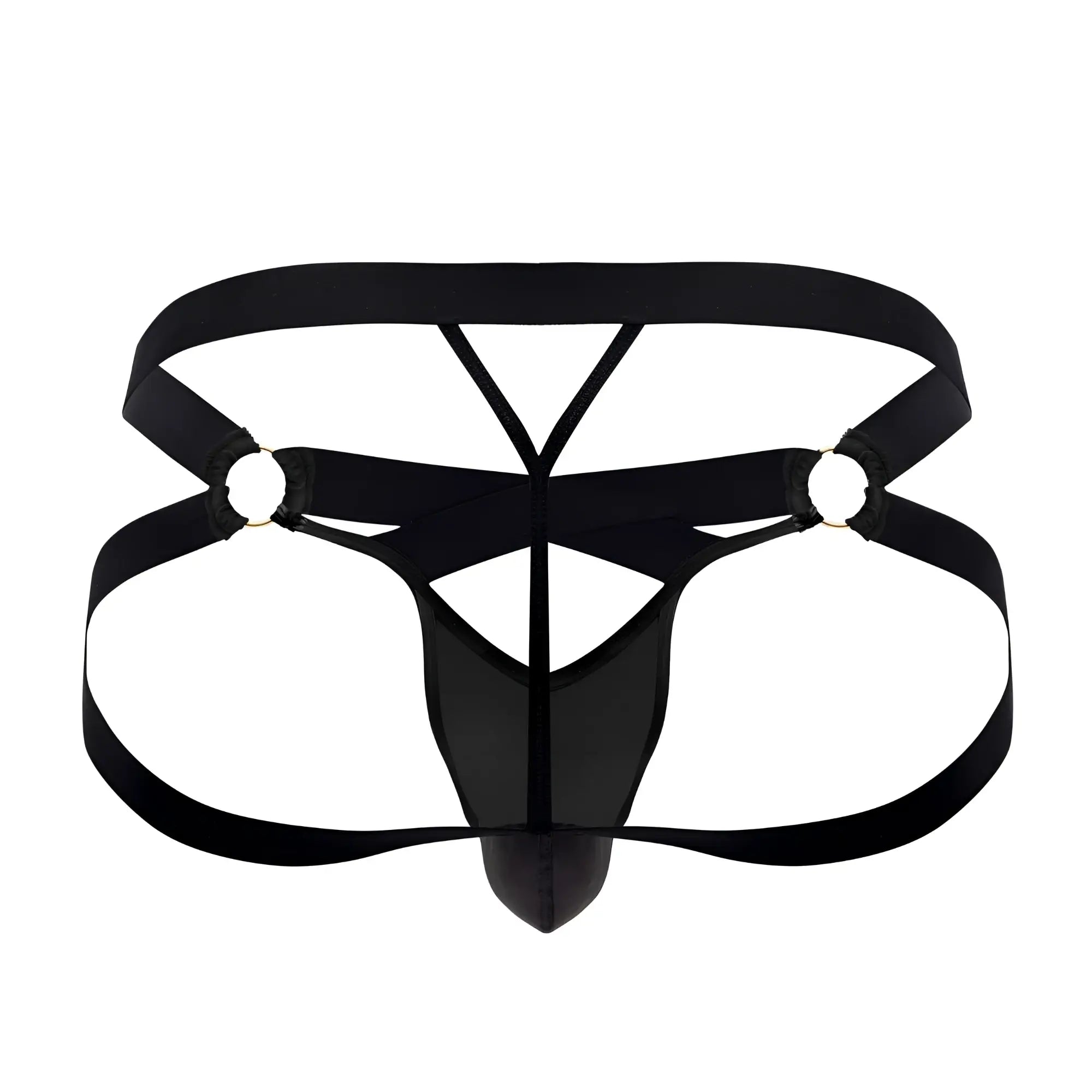 CandyMan 99761 jock g-string briefs in black satin with crisscross design and metallic grommets shown from the back side