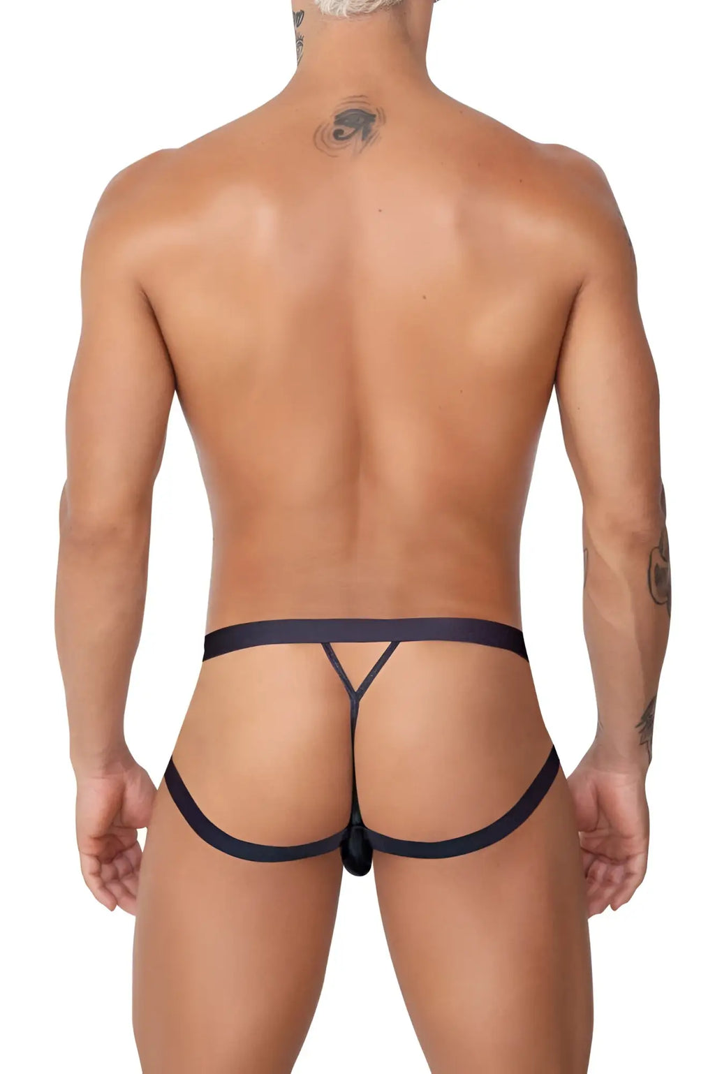 Black CandyMan 99761 jock g-string thong with y-shaped design and central clasp showing back side