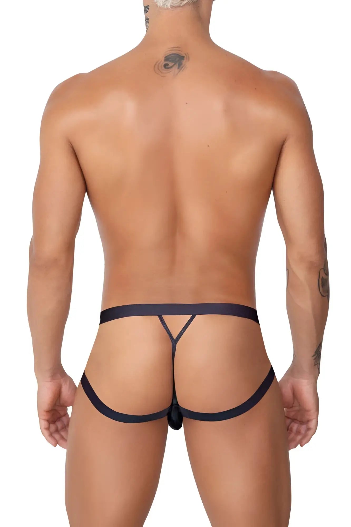 Black CandyMan 99761 jock g-string thong with y-shaped design and central clasp showing back side