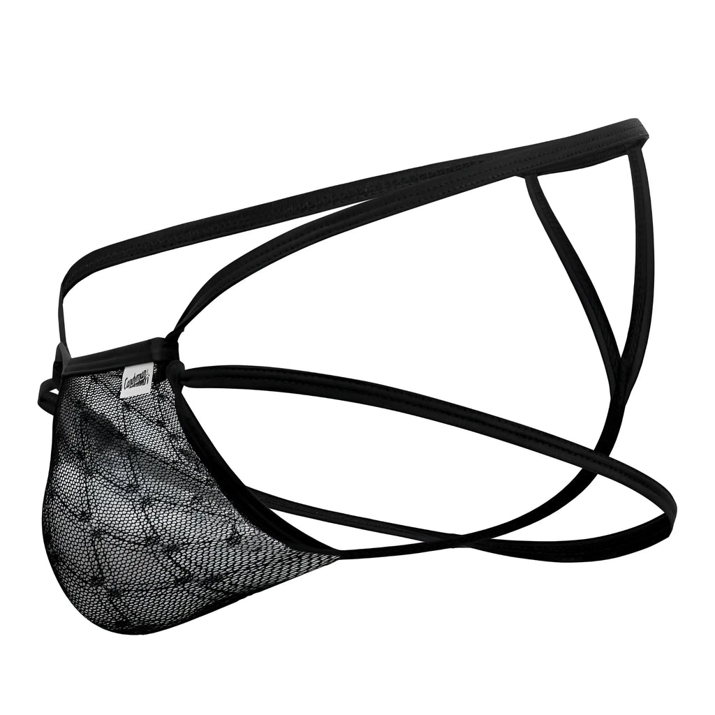 Black lace mesh brief with thin elastic straps candyMan 99762 jock g-string in black shown from the back side