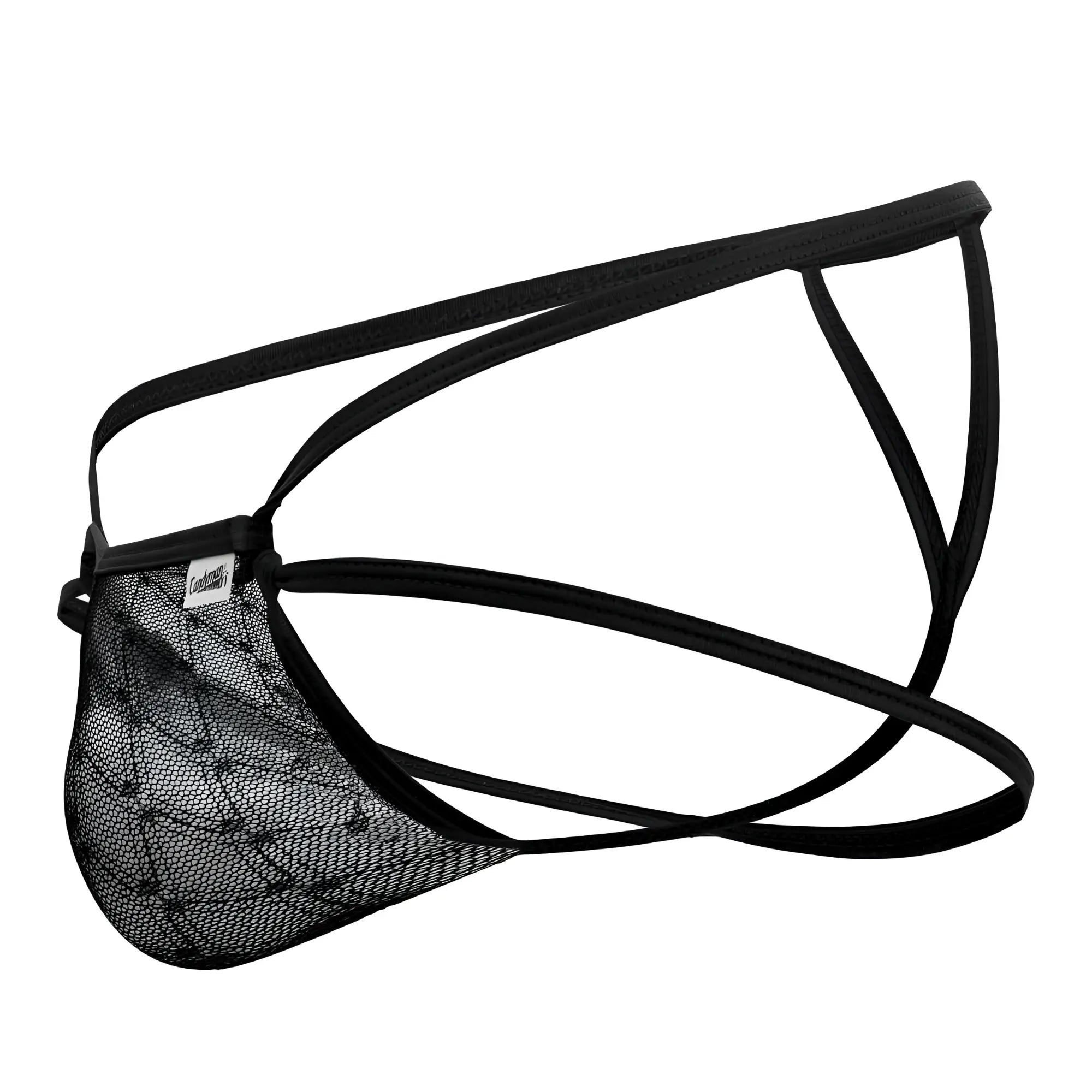 Black lace mesh brief with thin elastic straps candyMan 99762 jock g-string in black shown from the back side