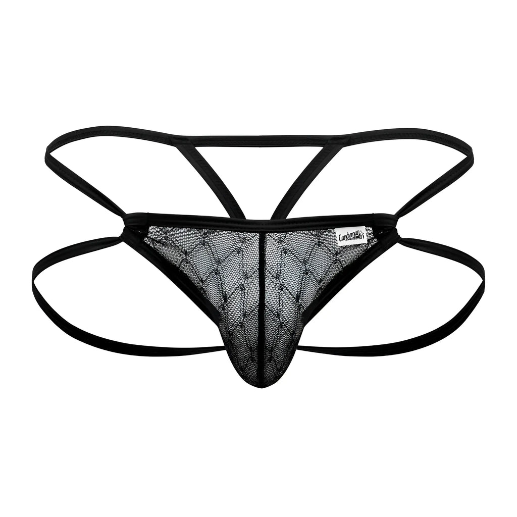 Black lace CandyMan 99762 jock g-string with diamond-patterned mesh front and thin adjustable straps in black