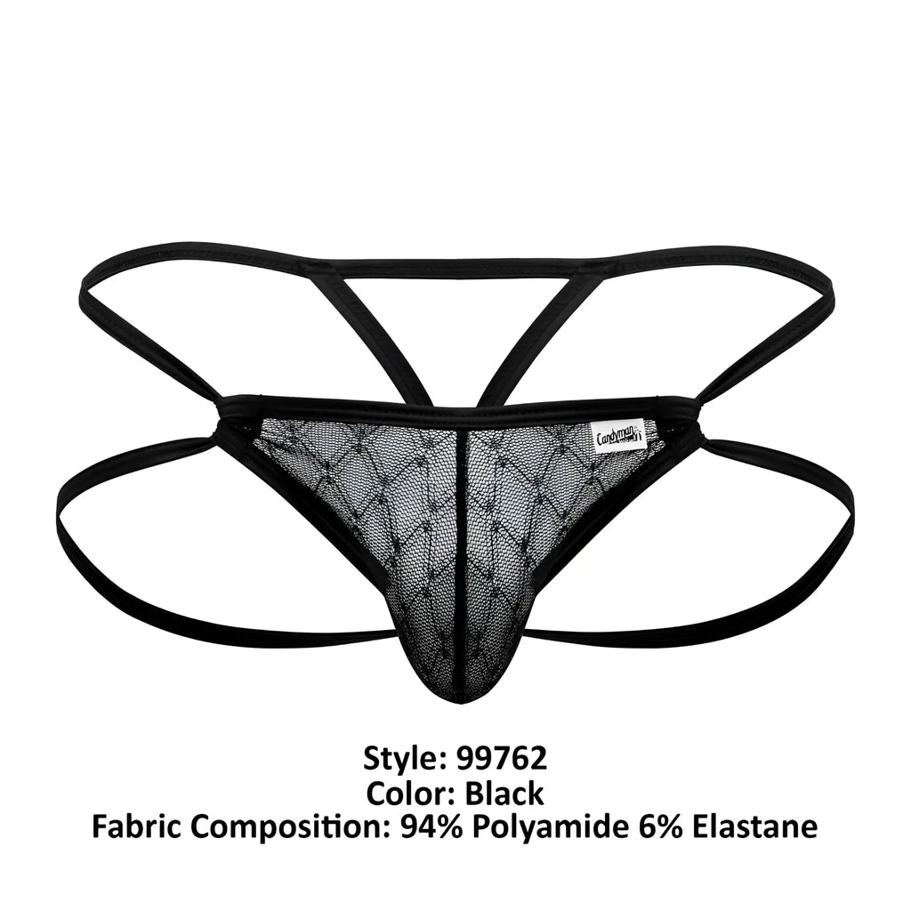 Black mesh thong candy man 99762 jock g-string with crisscross design and elastic straps shown from the back side