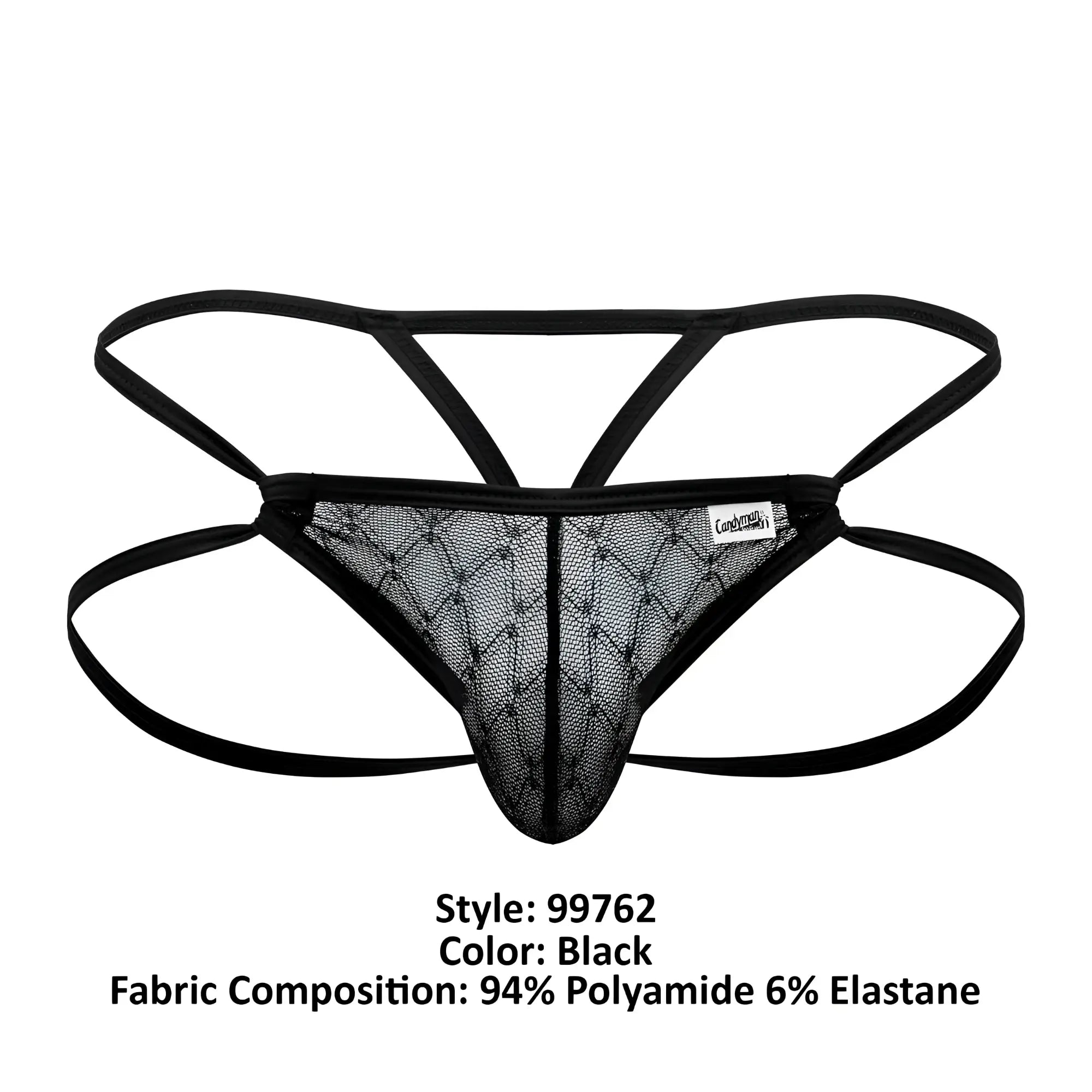 Black mesh thong candy man 99762 jock g-string with crisscross design and elastic straps shown from the back side