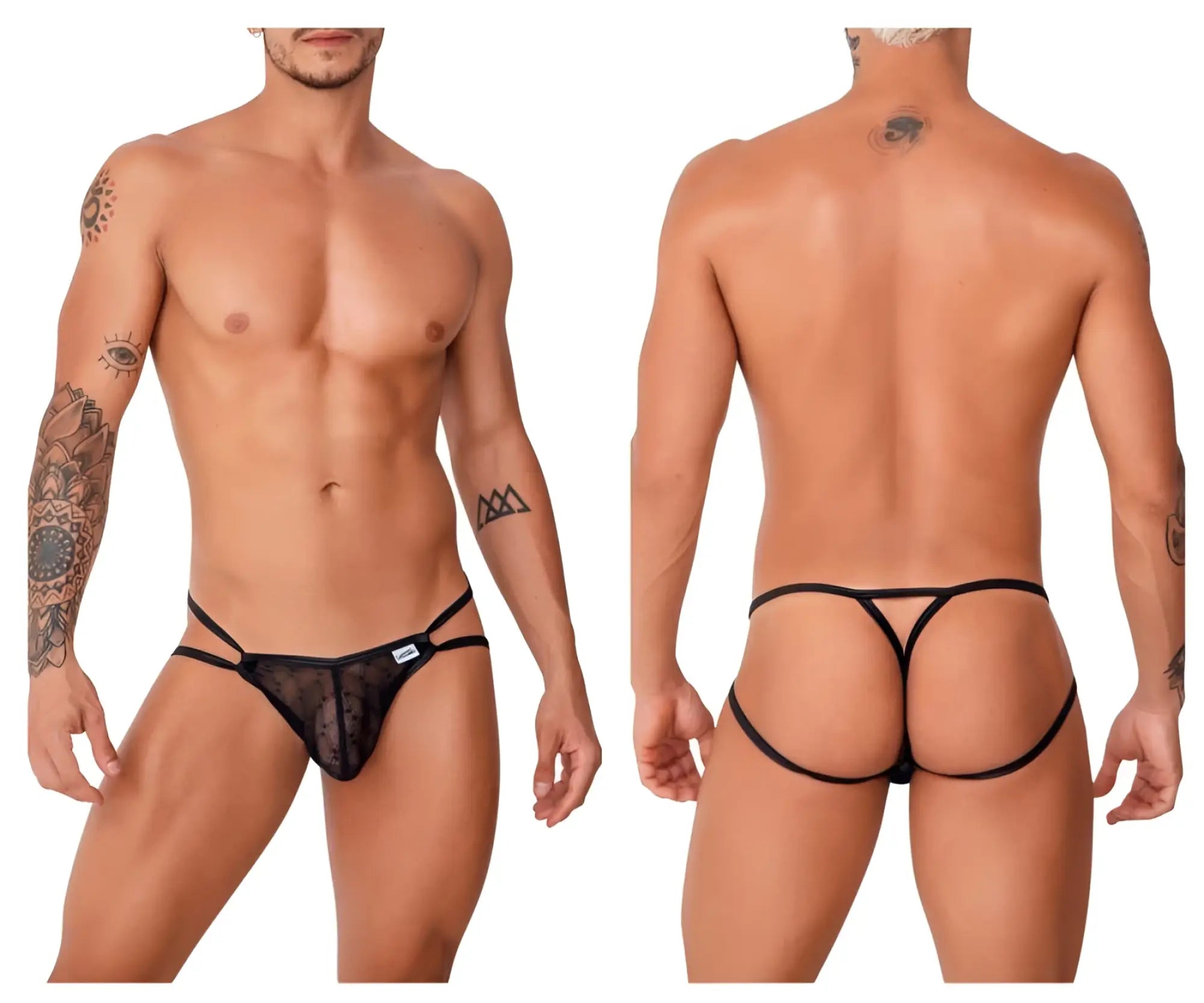 Black candyMan 99762 jock g-string sheer lace thong with elastic straps and small white brand tag on front