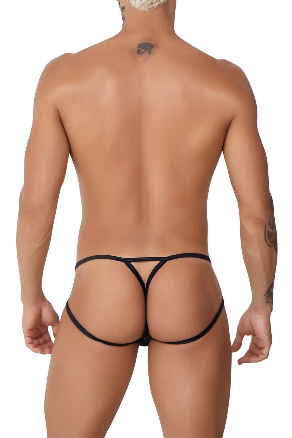 Black CandyMan 99762 jock g-string thong with thin straps and a triangular cutout design shown from the back side