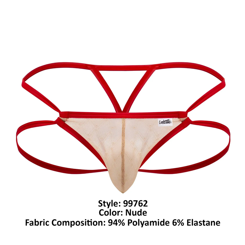 Nude-colored CandyMan 99762 jock g-string thong with lace, bold red elastic straps, and gold-trimmed central seam