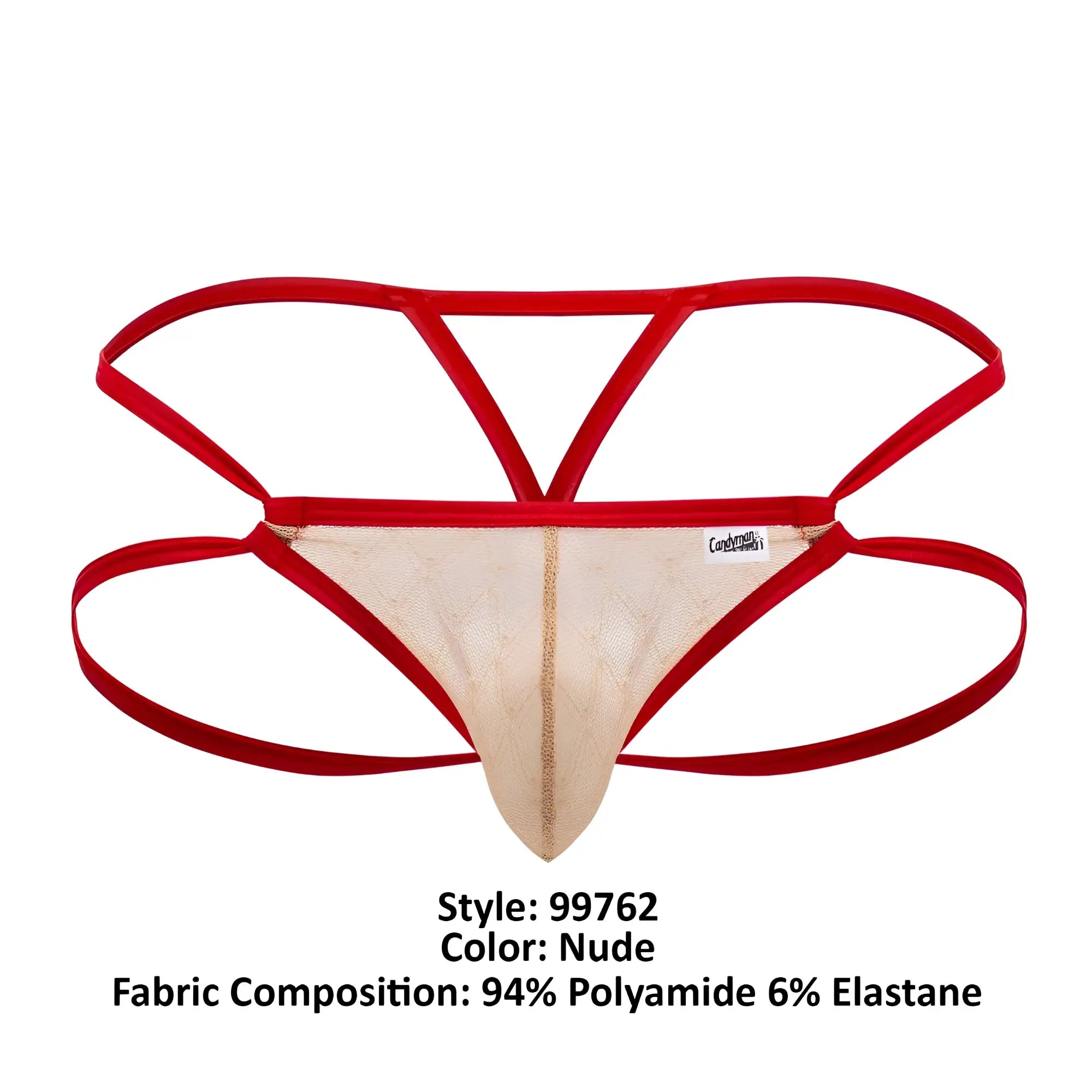 Nude-colored CandyMan 99762 jock g-string thong with lace, bold red elastic straps, and gold-trimmed central seam
