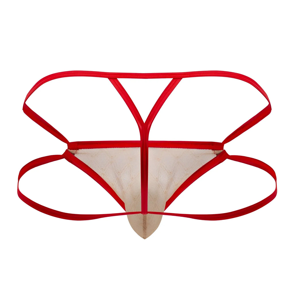 CandyMan 99762 jock g-string in nude with red and beige lace and y-shaped strap design shown from the back