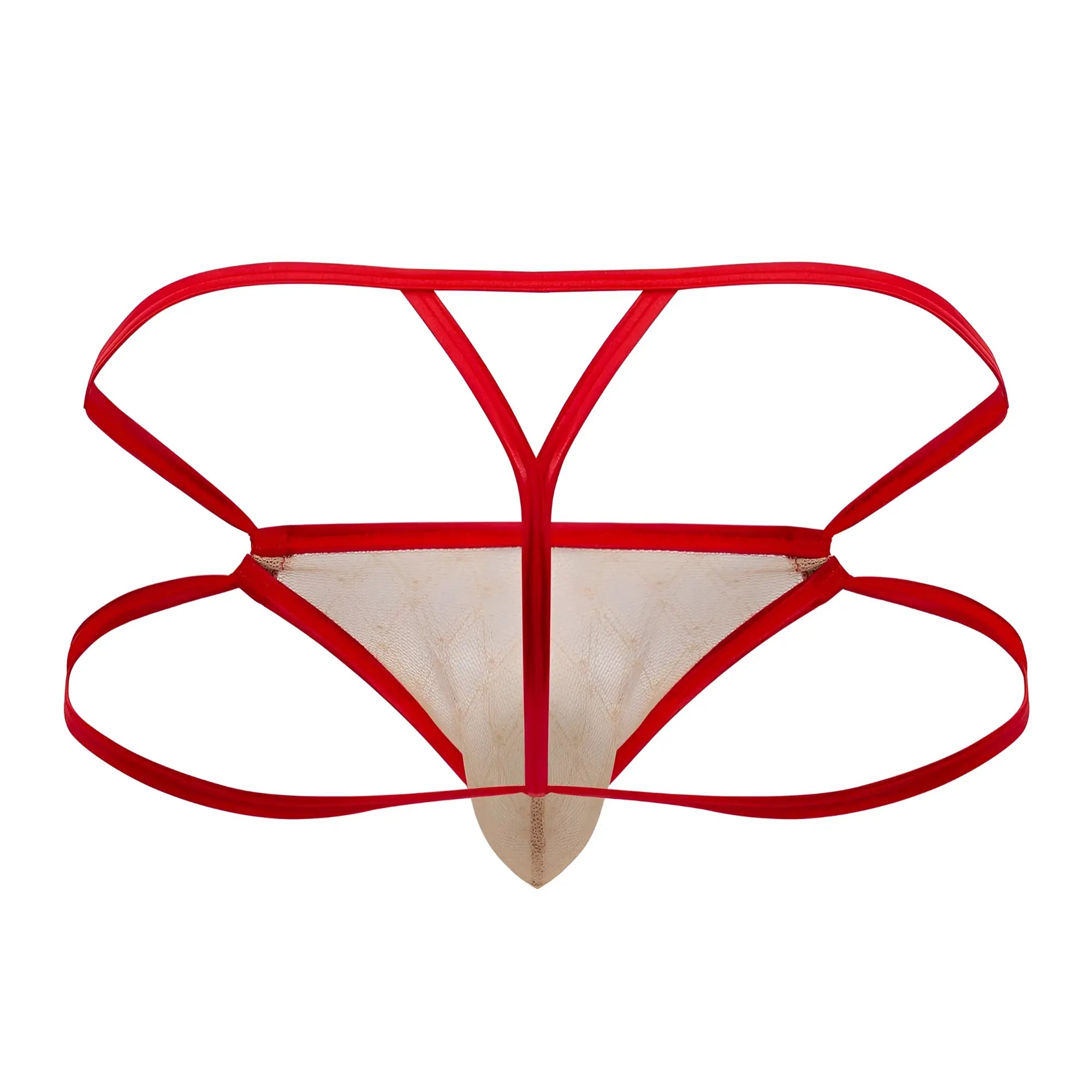 CandyMan 99762 jock g-string in nude with red and beige lace and y-shaped strap design shown from the back