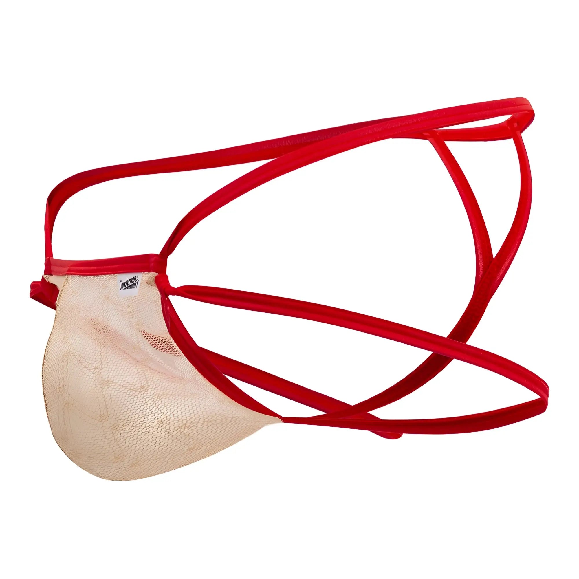 Candyman 99762 jock g-string nude features red mesh briefs with beige lace front panel and adjustable straps