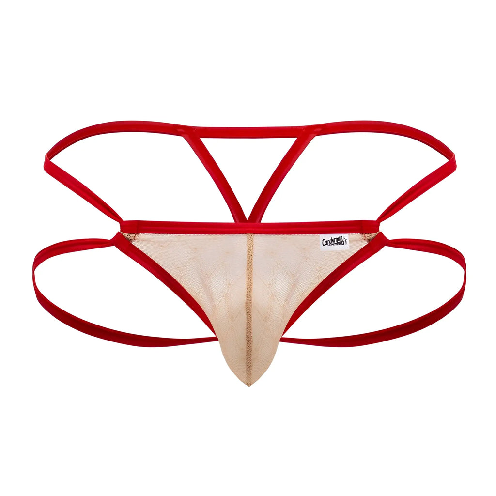 Beige lace thong with red trim sleek minimalist design candy man 99762 jock g string color nude front view