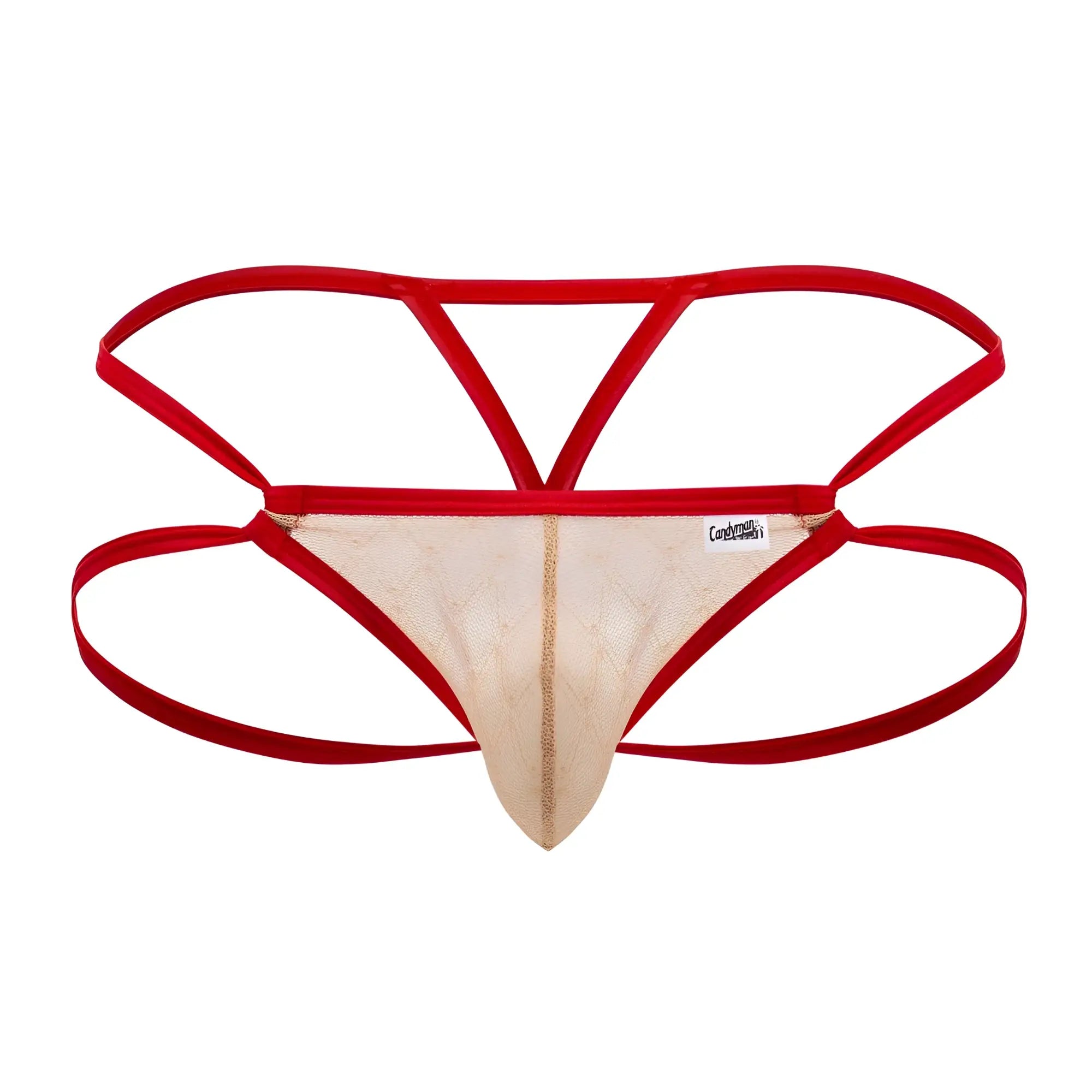 Beige lace thong with red trim sleek minimalist design candy man 99762 jock g string color nude front view