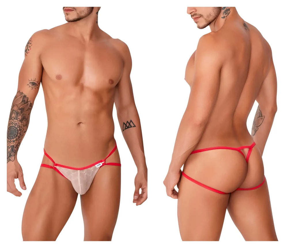 CandyMan 99762 jock G-string in nude color with red and white lace thong and transparent mesh front