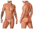 CandyMan 99762 jock G-string in nude color with red and white lace thong and transparent mesh front