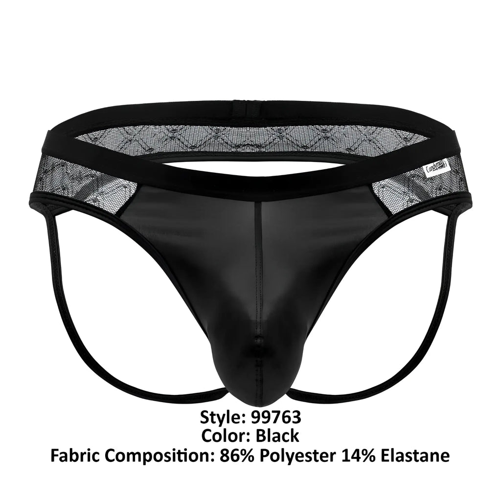 Black candyman 99763 lace jockstrap with shiny smooth front panel and sheer mesh side panels
