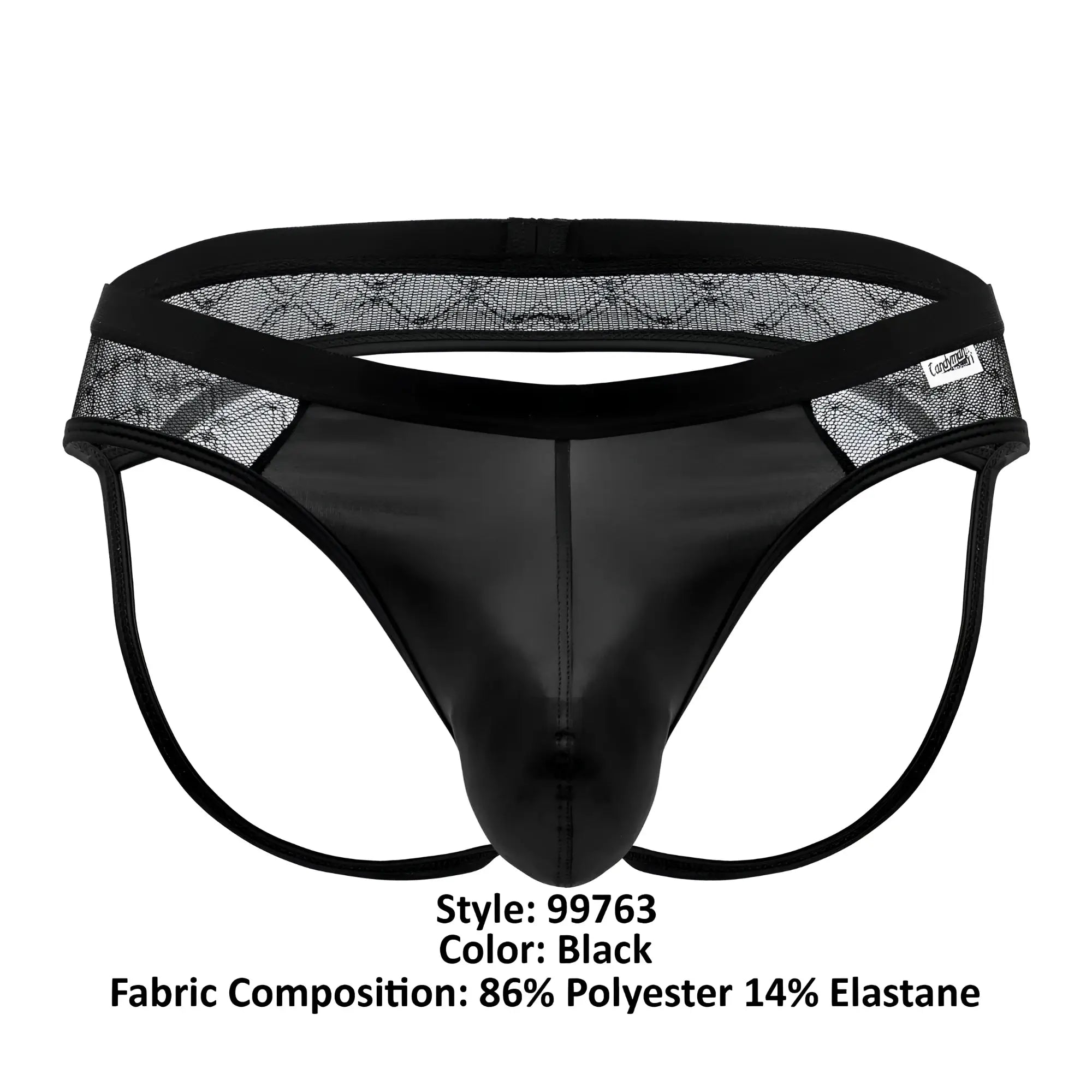 Black candyman 99763 lace jockstrap with shiny smooth front panel and sheer mesh side panels