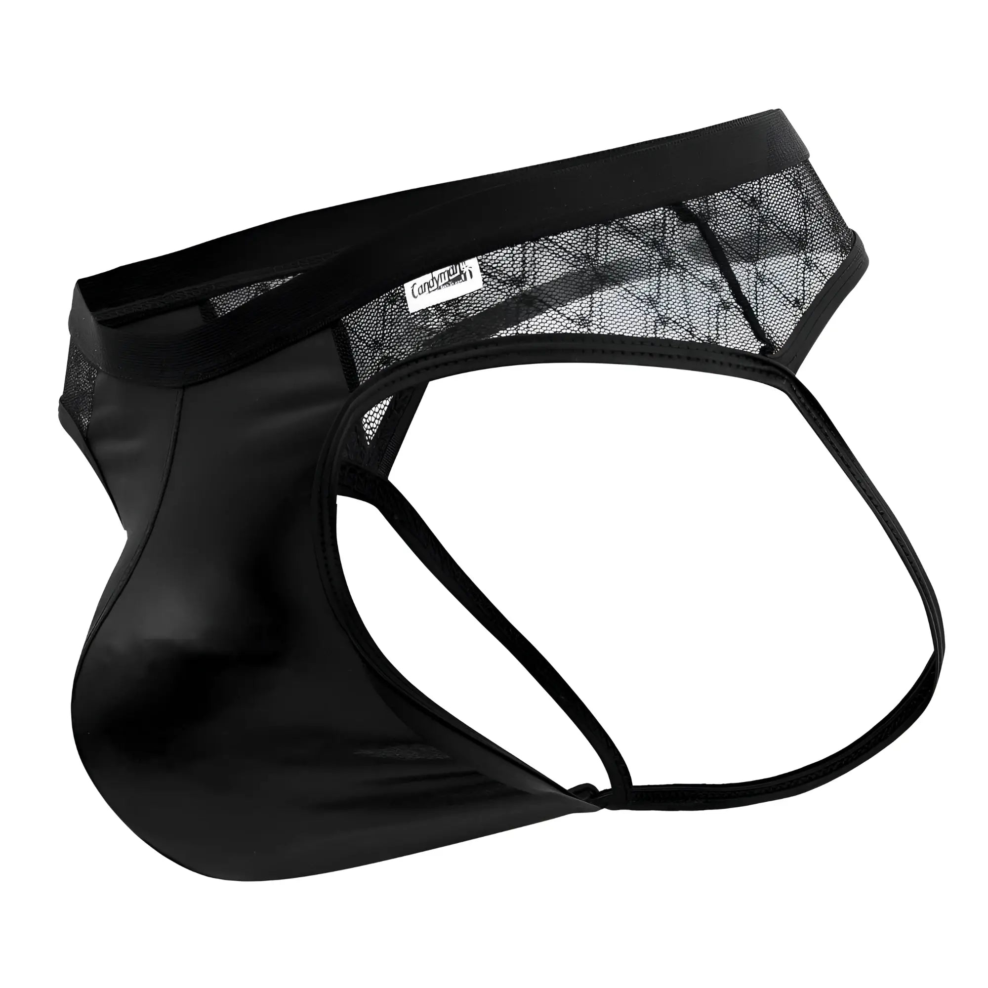 Black satin CandyMan 99763 lace jockstrap with mesh panel and elastic waistband showing front side