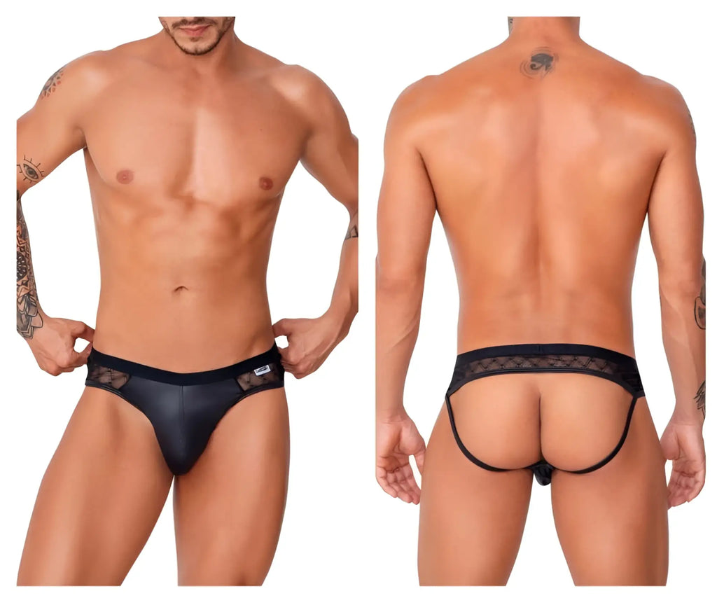 Black lace-trimmed mens briefs with smooth glossy finish candyMan 99763 lace jockstrap in black
