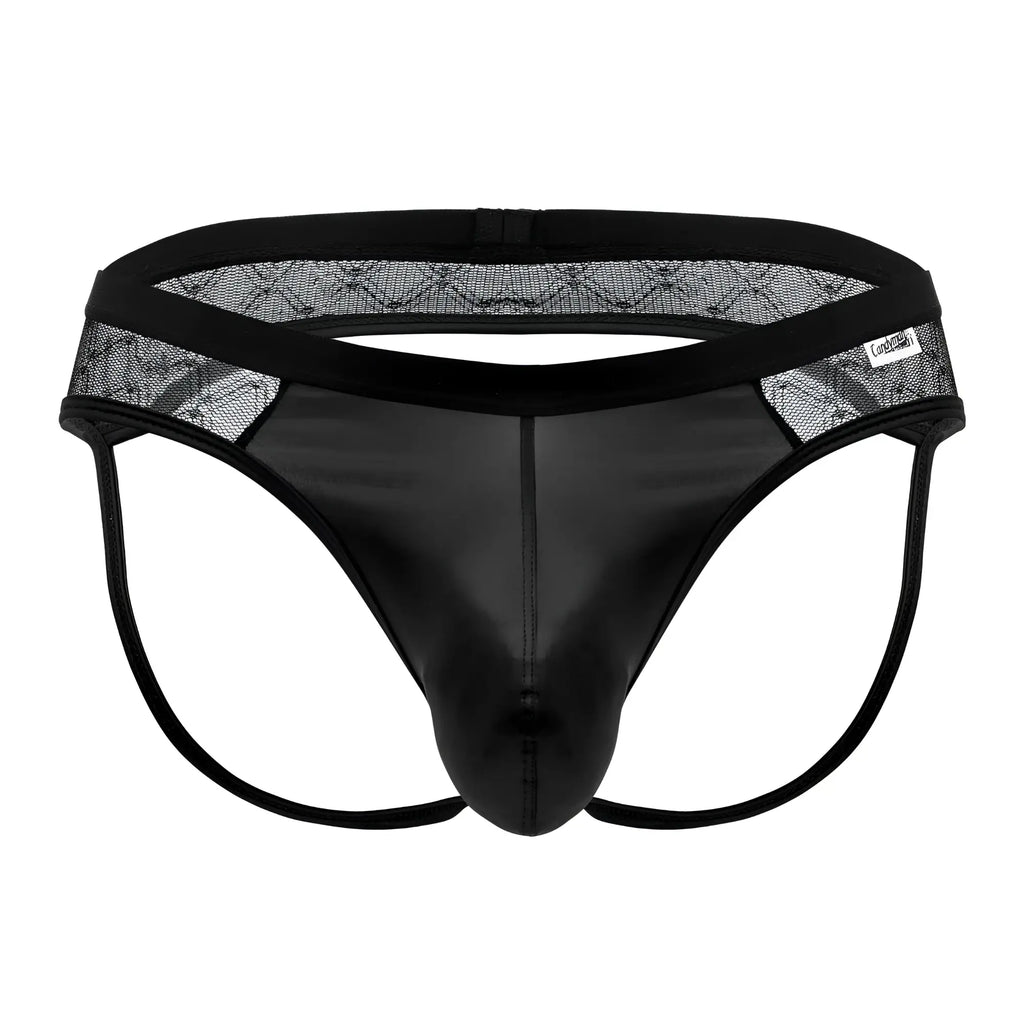 Black lace-trimmed thong with glossy patent leather front panel and adjustable straps from candyman 99763 lace jockstrap