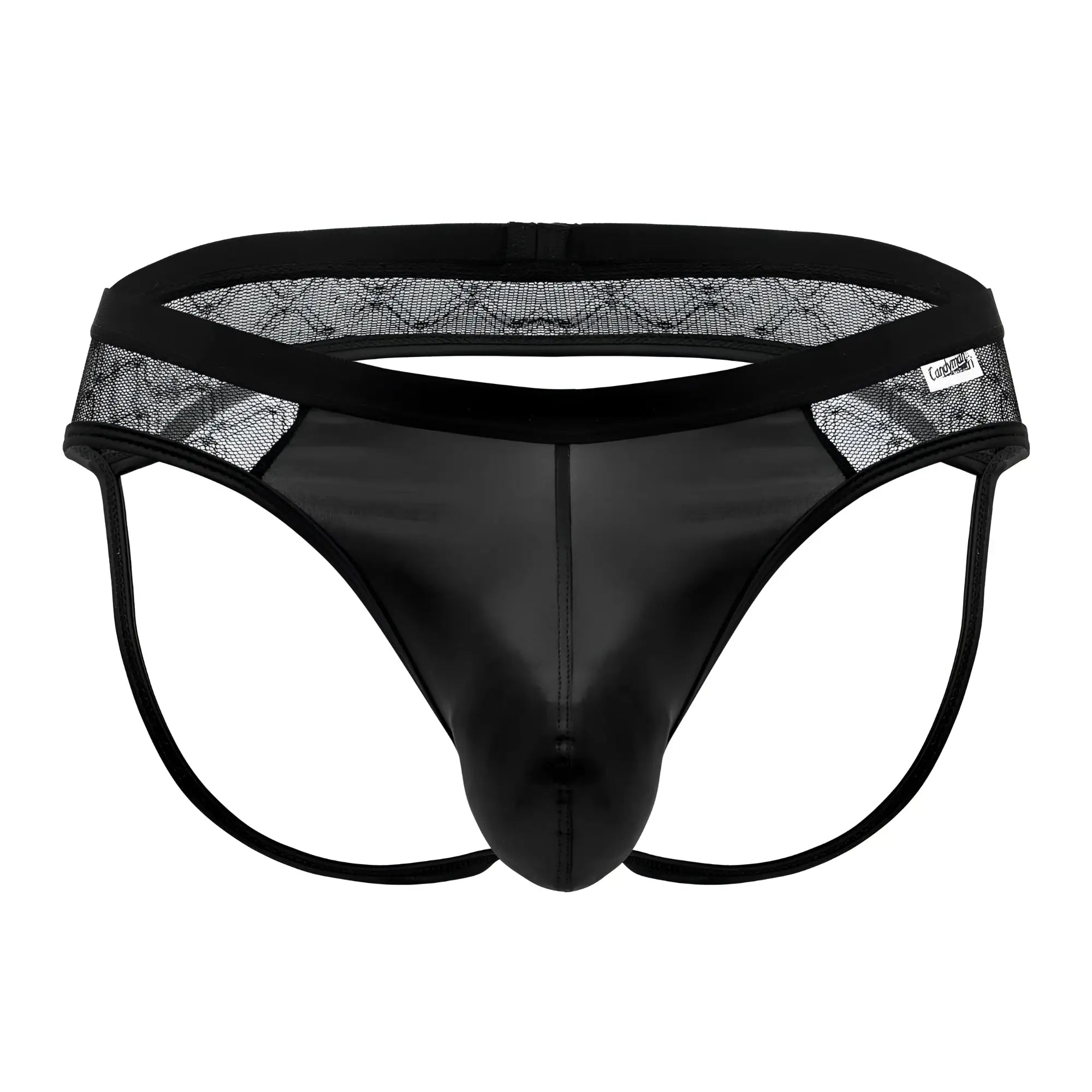 Black lace-trimmed thong with glossy patent leather front panel and adjustable straps from candyman 99763 lace jockstrap