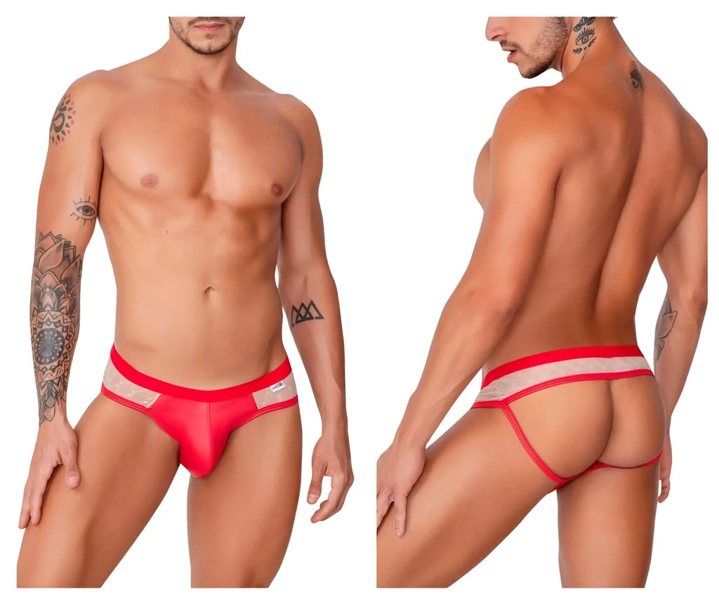 CandyMan 99763 lace jockstrap in nude red mesh briefs with bold red waistband showing front view