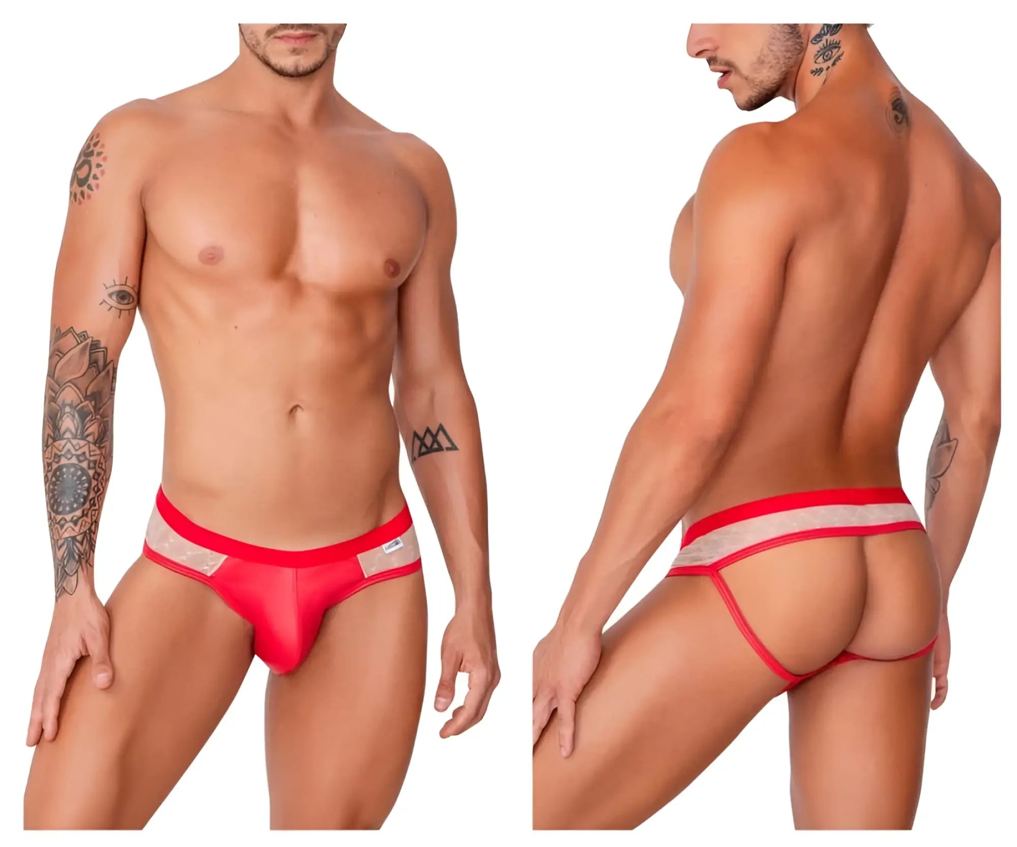 CandyMan 99763 lace jockstrap in nude red mesh briefs with bold red waistband showing front view