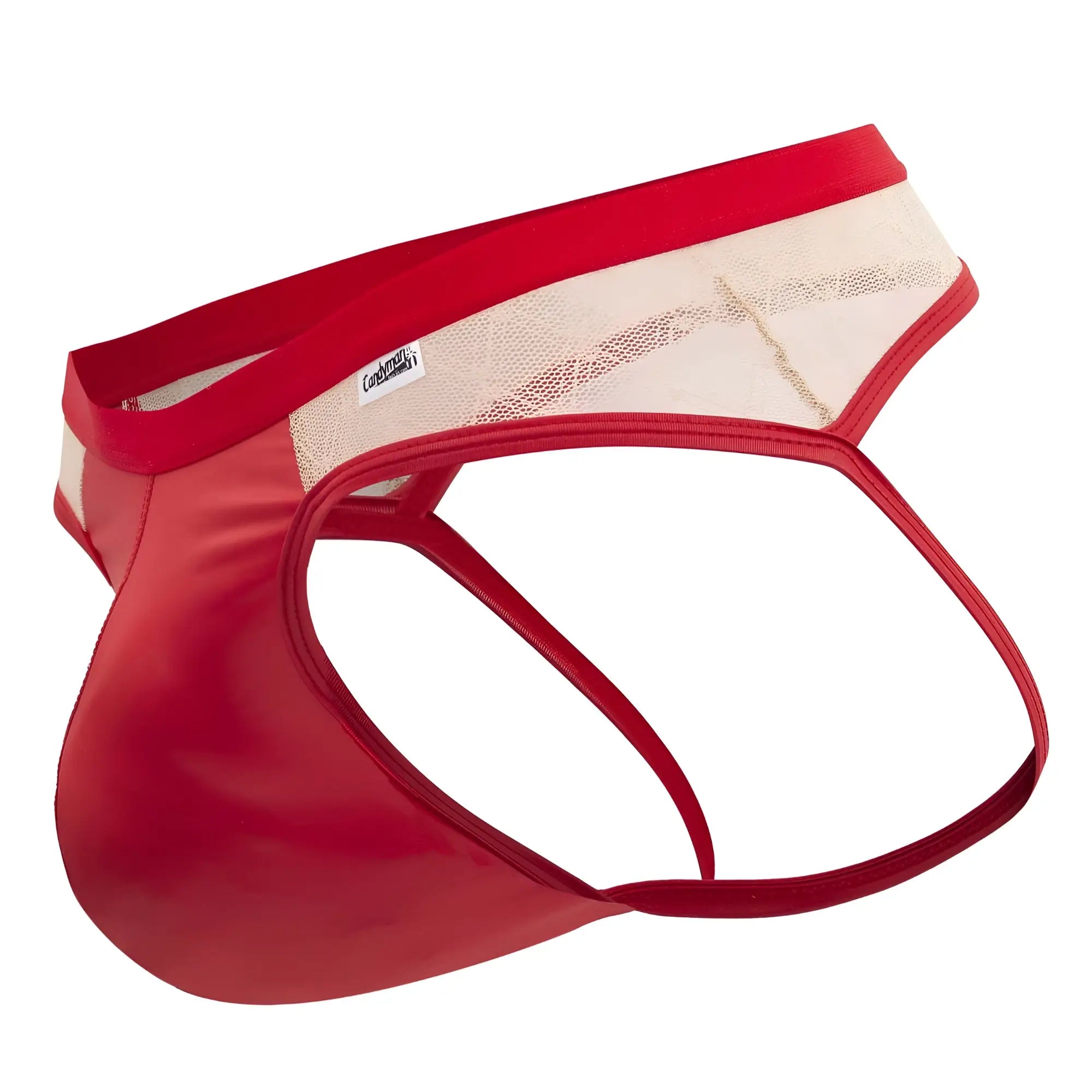 CandyMan 99763 lace jockstrap in nude red with red and beige mesh briefs and a glossy red front panel
