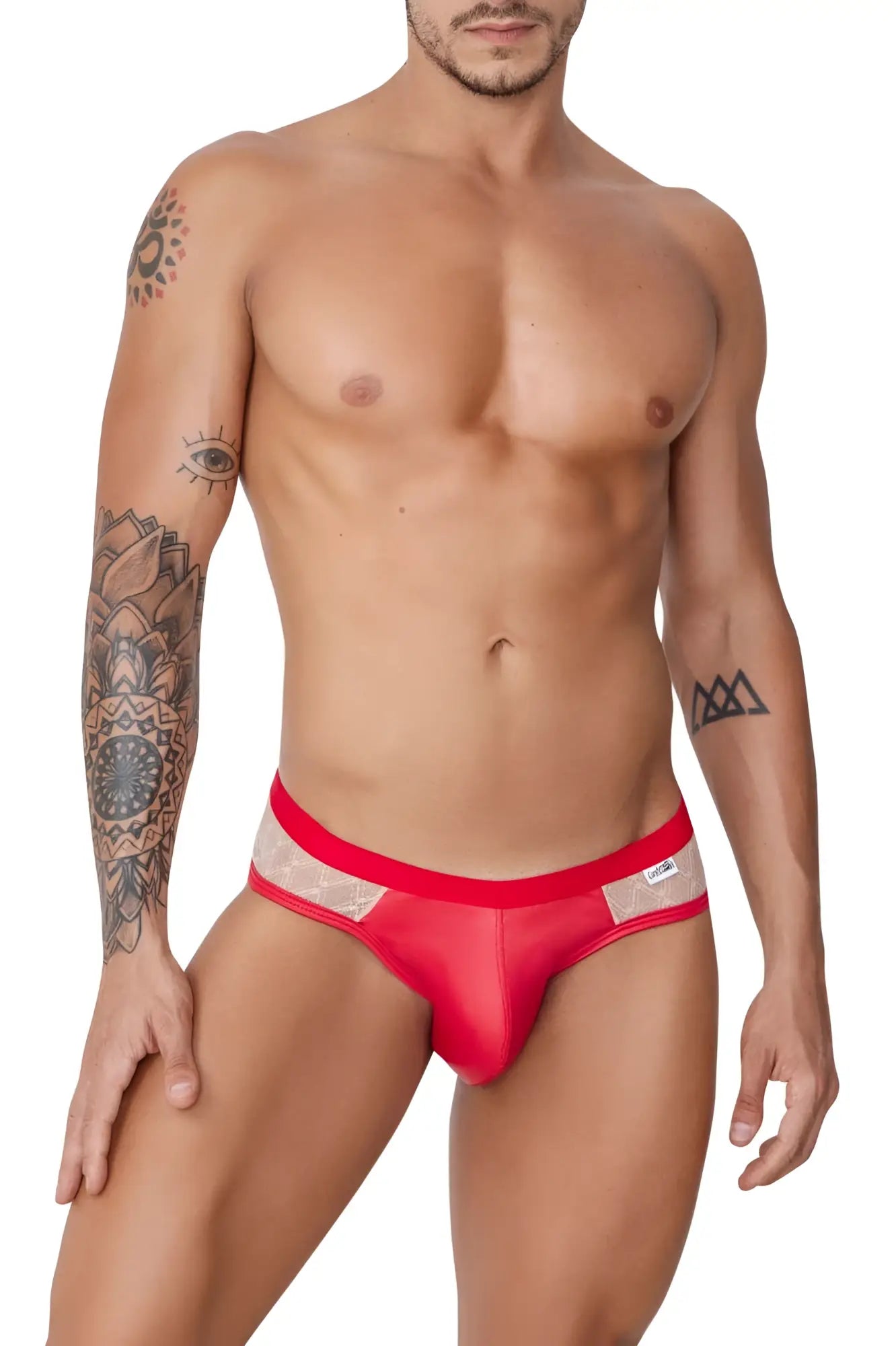 Candyman 99763 lace jockstrap in nude red with red mesh briefs, solid waistband, and sheer lace trim