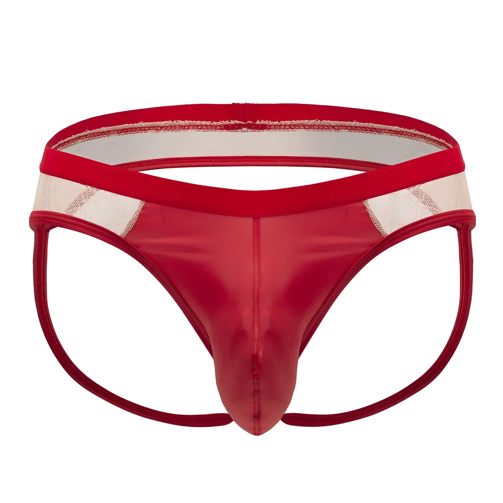 Candyman 99763 lace jockstrap in nude-red with red patent leather thong and white mesh panel with red elastic waistband
