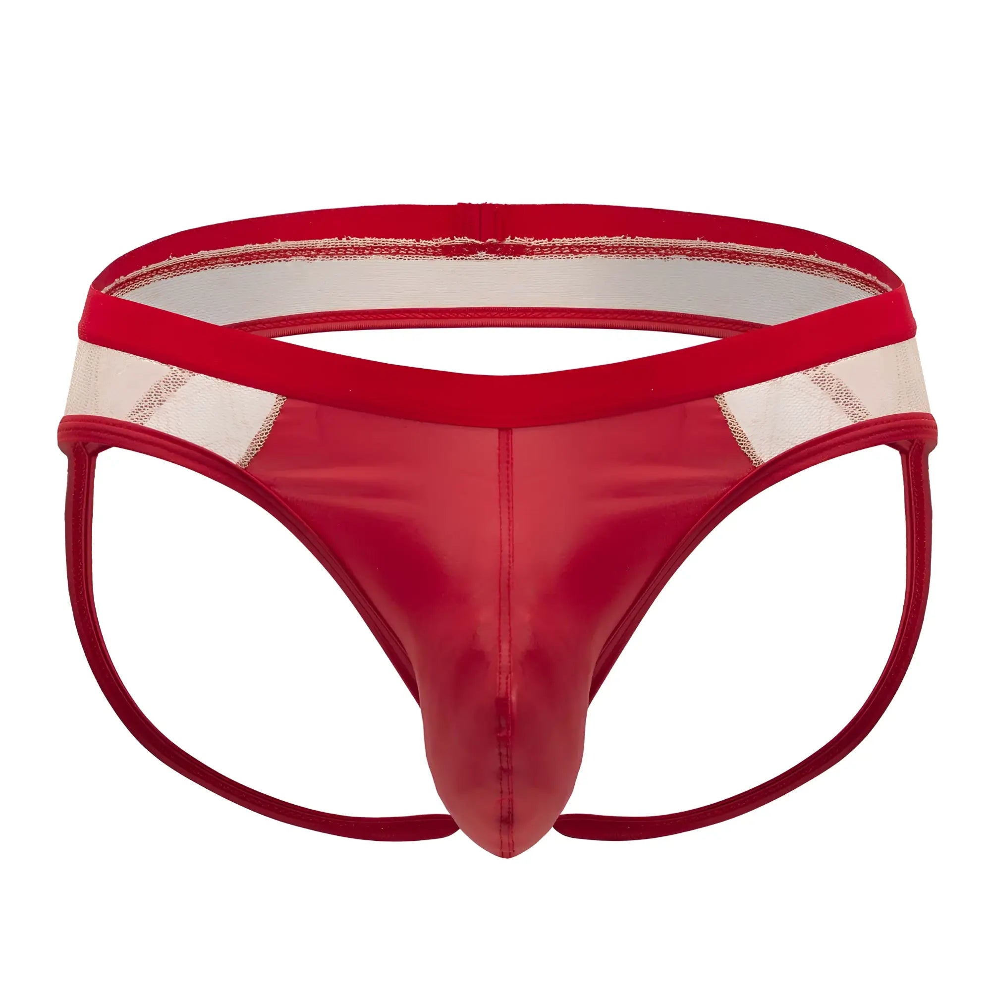 Candyman 99763 lace jockstrap in nude-red with red patent leather thong and white mesh panel with red elastic waistband