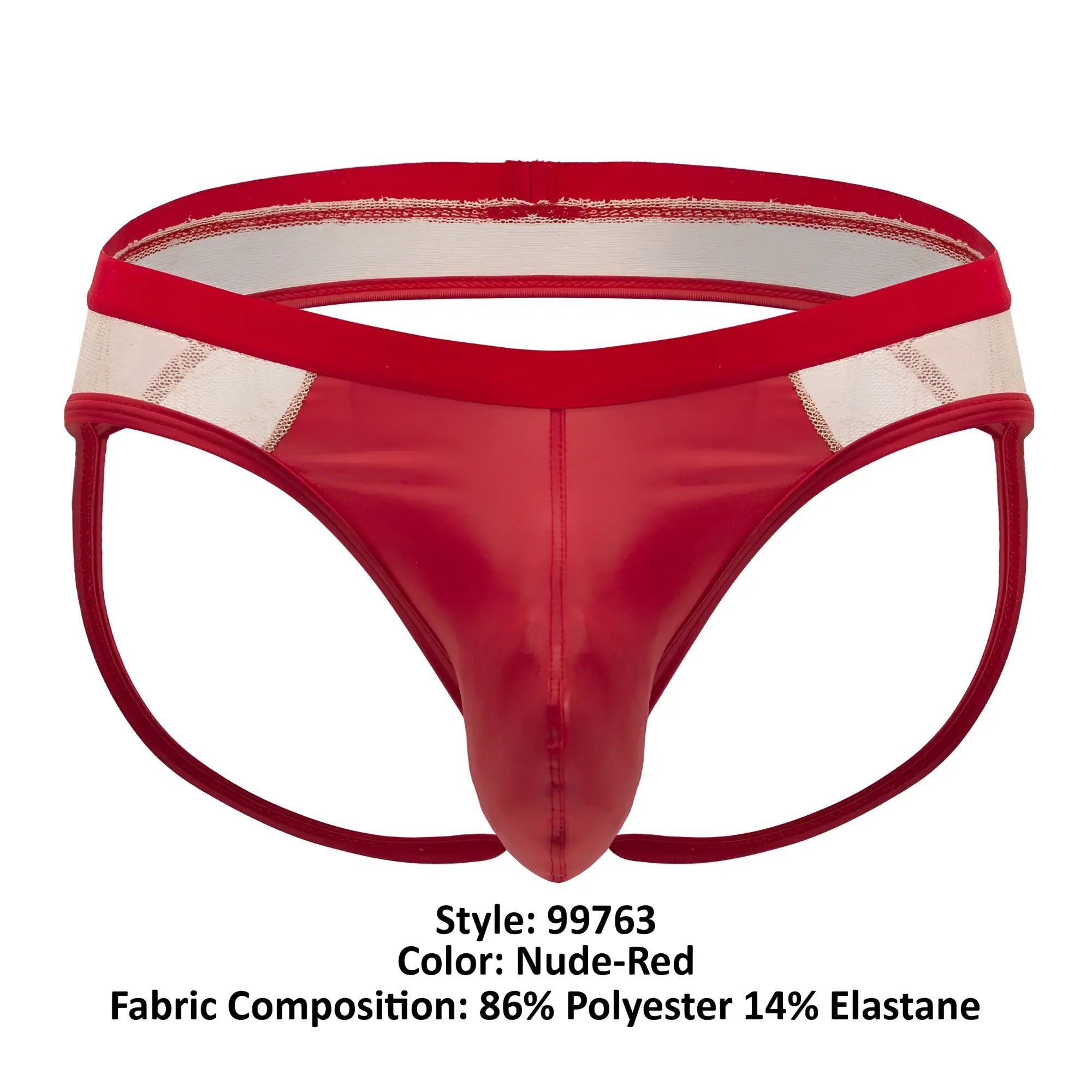 CandyMan 99763 lace jockstrap in red nude-red with shiny polyester elastane blend and beige mesh waistband panel
