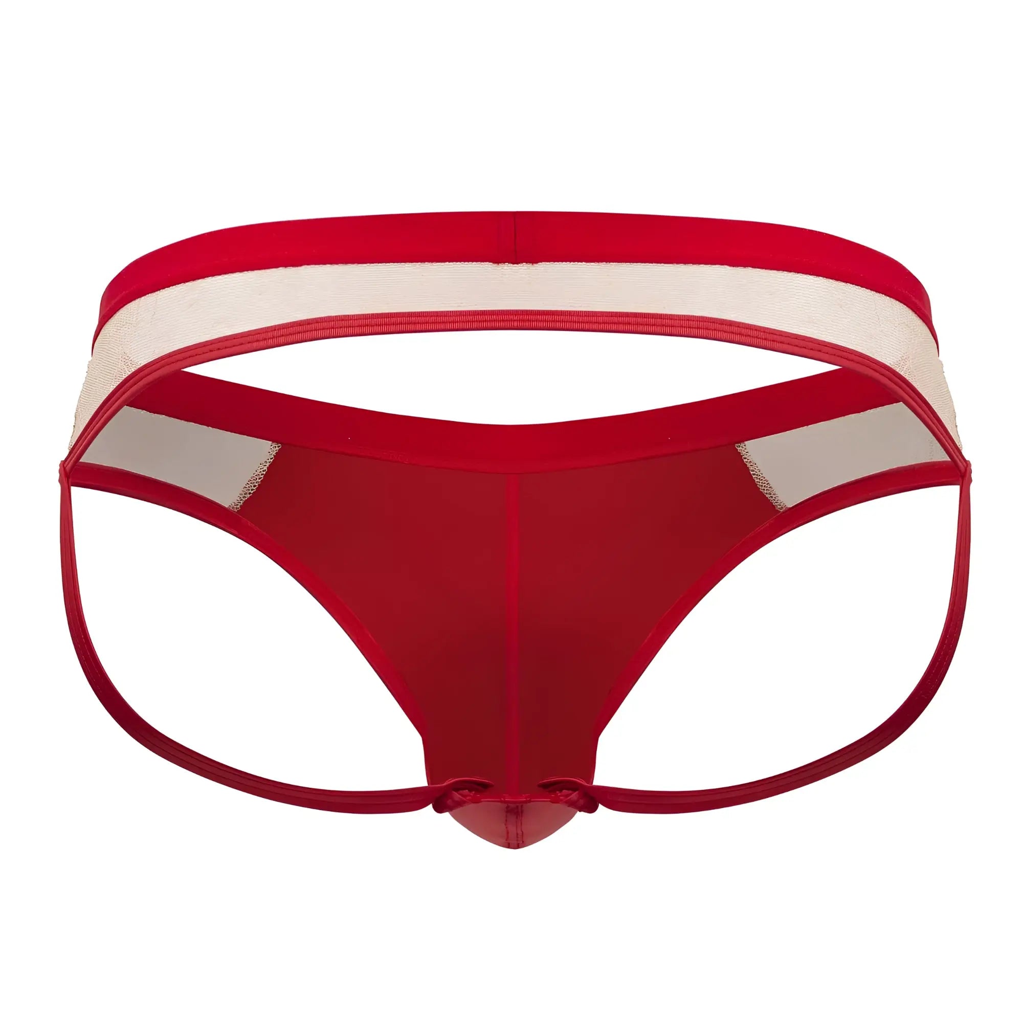 Candyman 99763 lace jockstrap in nude red featuring red and white mesh thong with solid red front panel