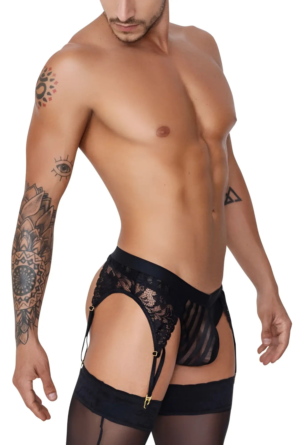 Black lace garter belt with gold toned hardware and matching sheer stockings from candyman 99766 in black