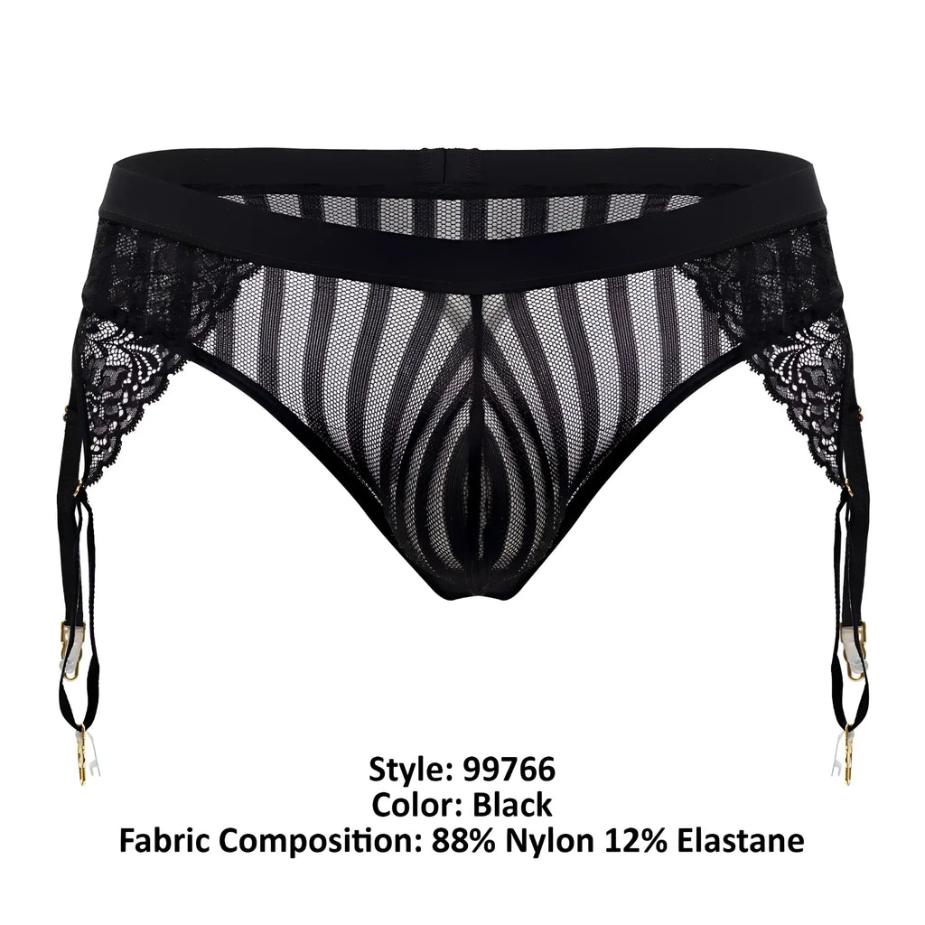 Black lace CandyMan 99766 garter thong in black with sheer mesh striped pattern and gold-toned clasps