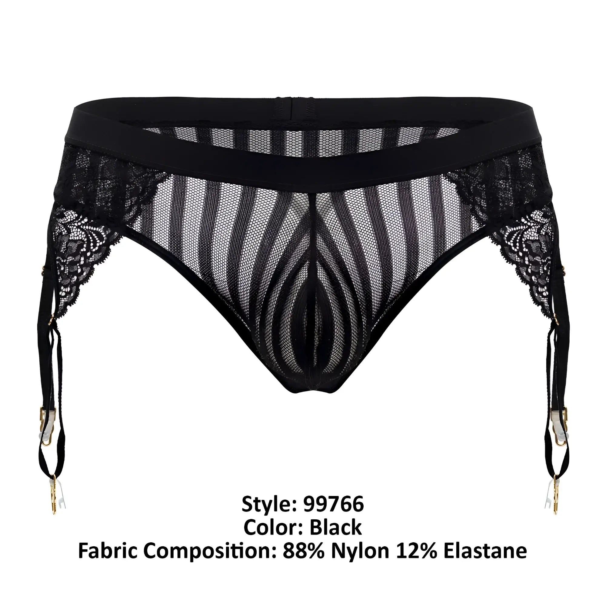 Black lace CandyMan 99766 garter thong in black with sheer mesh striped pattern and gold-toned clasps