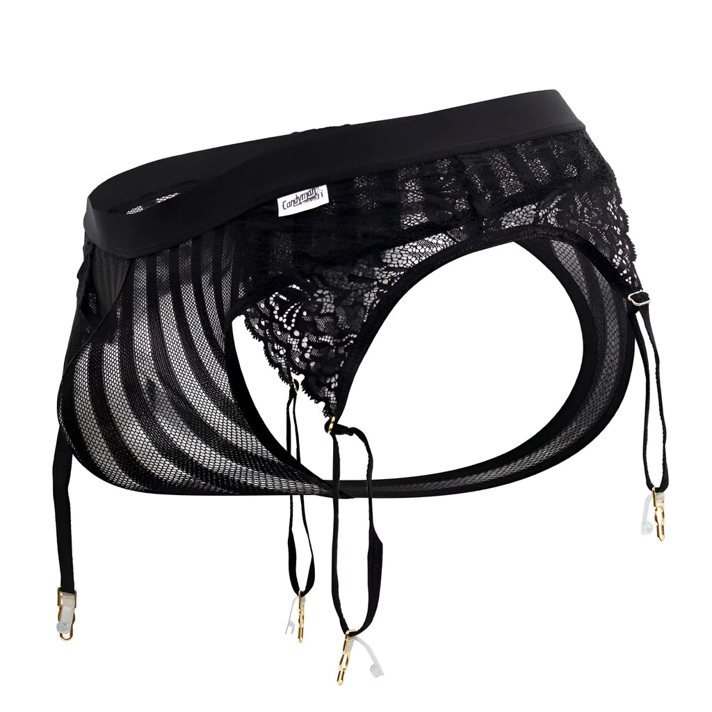 CandyMan 99766 garter thong in black featuring black lace mesh with gold-toned clasps