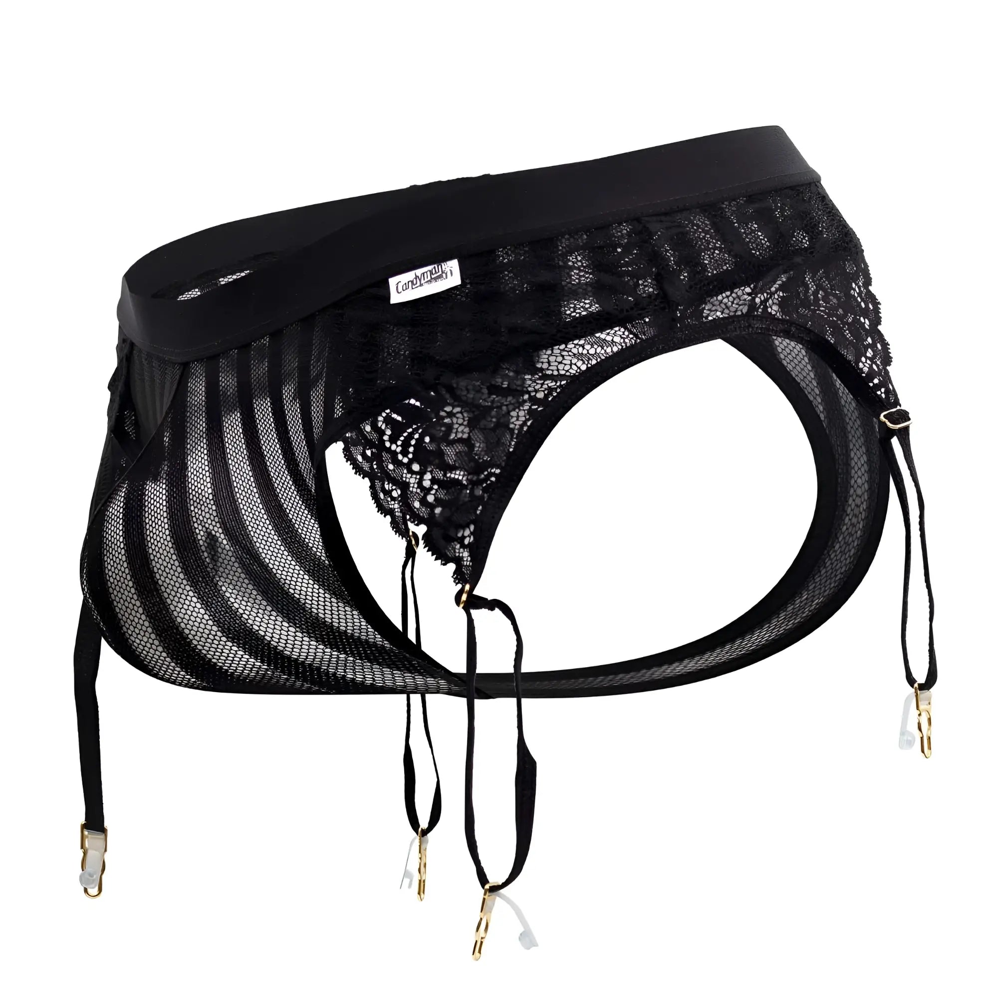 CandyMan 99766 garter thong in black featuring black lace mesh with gold-toned clasps