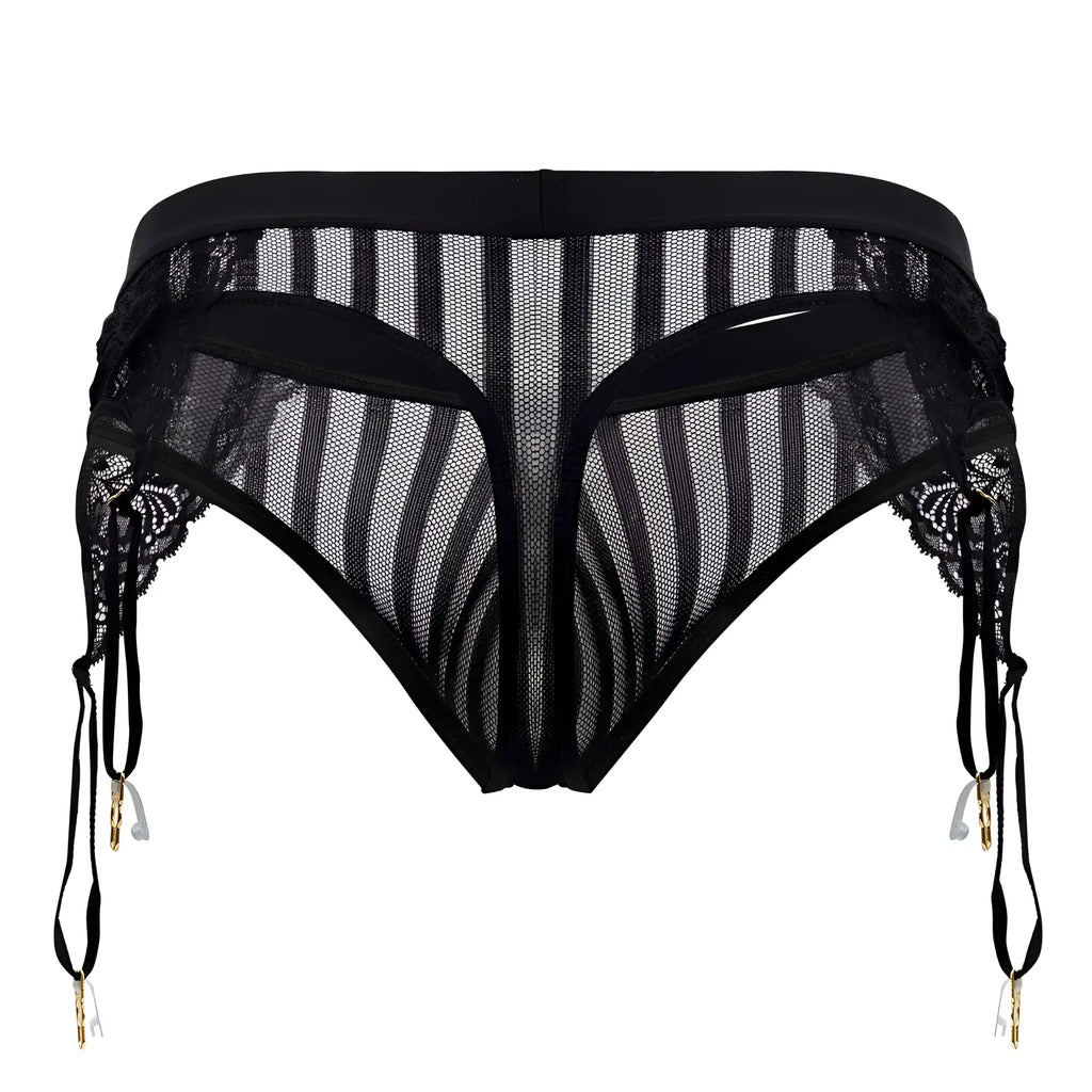 CandyMan 99766 black garter thongs with black lace and mesh garter belt striped pattern and gold toned clips