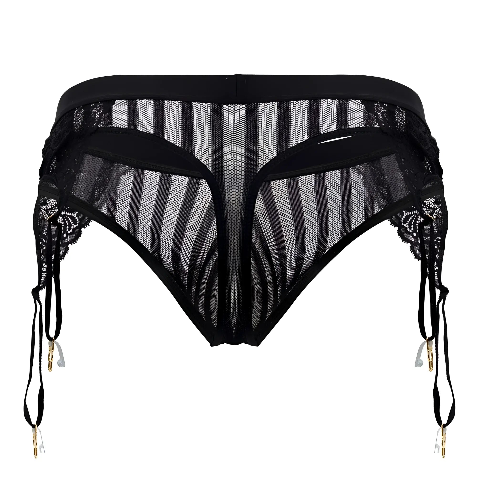 CandyMan 99766 black garter thongs with black lace and mesh garter belt striped pattern and gold toned clips