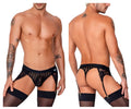 Black lace thong with matching garter belt and stockings candyMan 99766 garter thongs color black shown from the back