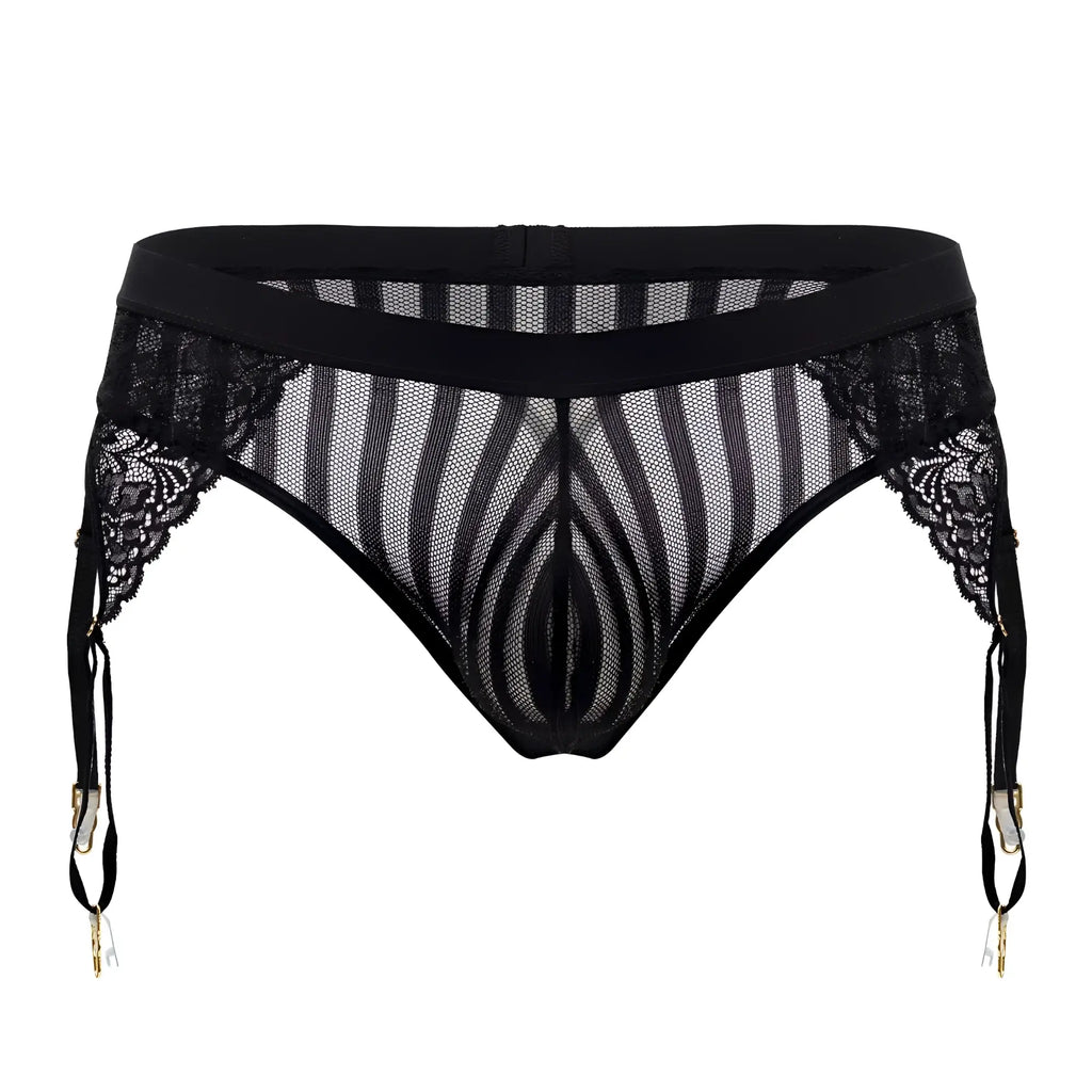 Black lace-trimmed mesh CandyMan 99766 garter thong with striped pattern and gold-toned clasps in black color