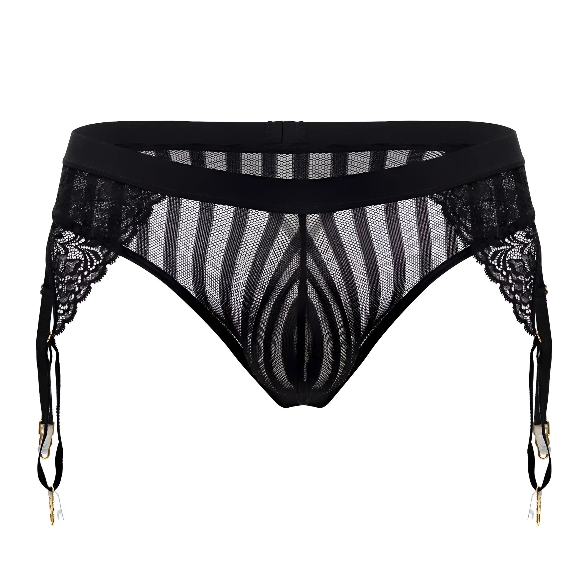 Black lace-trimmed mesh CandyMan 99766 garter thong with striped pattern and gold-toned clasps in black color