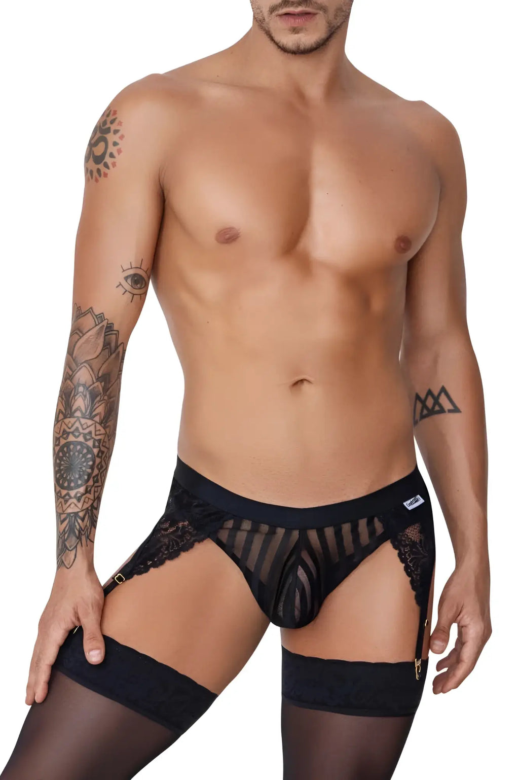 Black candyMan 99766 garter thongs with lace-trimmed sheer briefs mesh front and adjustable straps