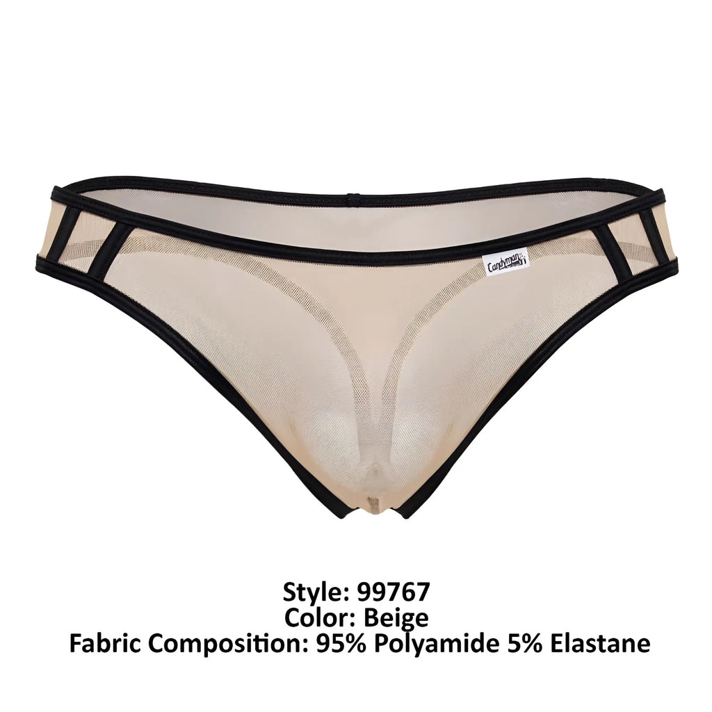 Beige candyMan 99767 sports mesh thong with black trim and small brand tag made of breathable mesh fabric