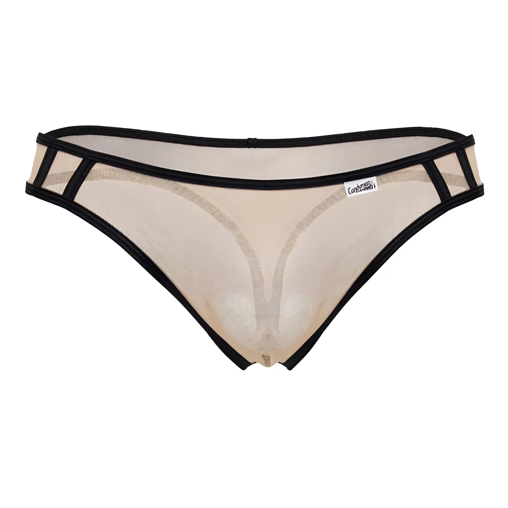 Beig mesh thong with black trim and small white brand tag from candyman 99767 sports mesh thongs collection