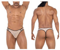 Beige candyman 99767 sports mesh thong with black trim and small logo on waistband visible from the front