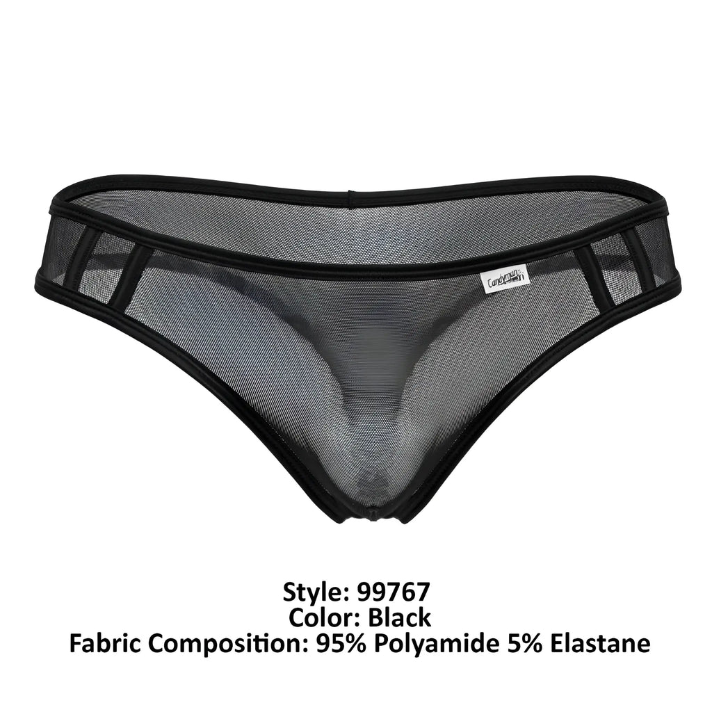 Black CandyMan 99767 sports mesh briefs with black elastic trim and a small white brand tag visible on front