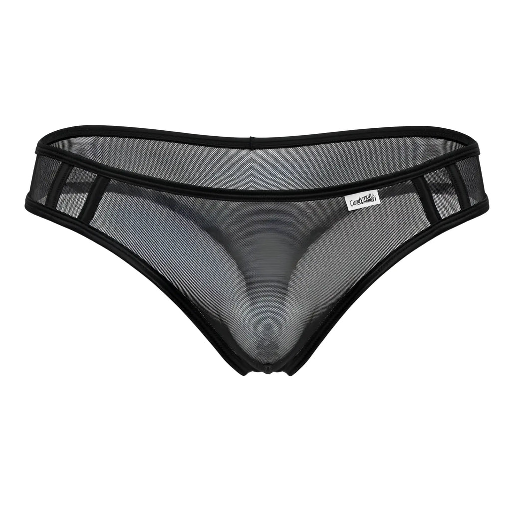 Black candyman 99767 sports mesh thong with sleek transparent design and reinforced trim shown from back side